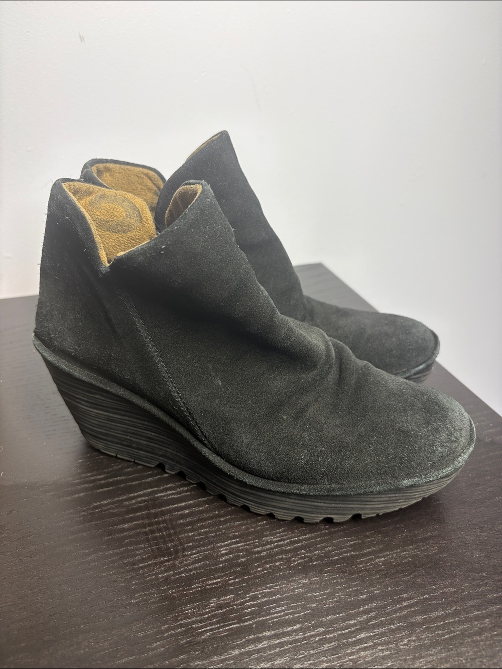 Fly London Black Suede Wedge Ankle Booties with Leopard Insole